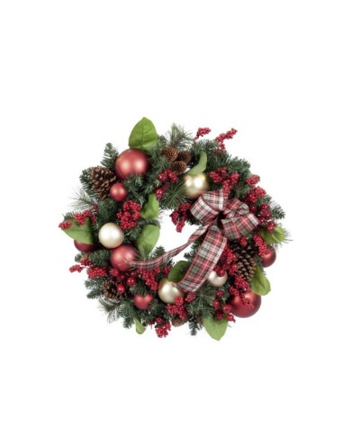 BOE E GHIRLANDE: vendita online Corona Natale 60cm con Pigne, Sfere, Bacche Rosse e Nastro Scozzese Flora in offerta
