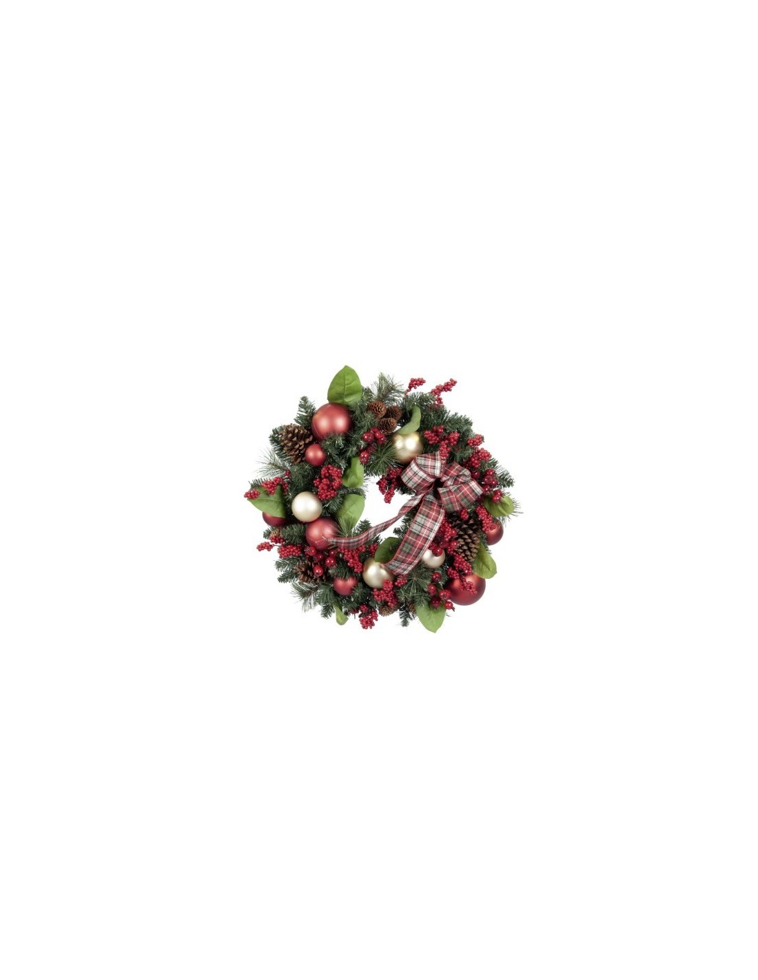 BOE E GHIRLANDE: vendita online Corona Natale 60cm con Pigne, Sfere, Bacche Rosse e Nastro Scozzese Flora in offerta