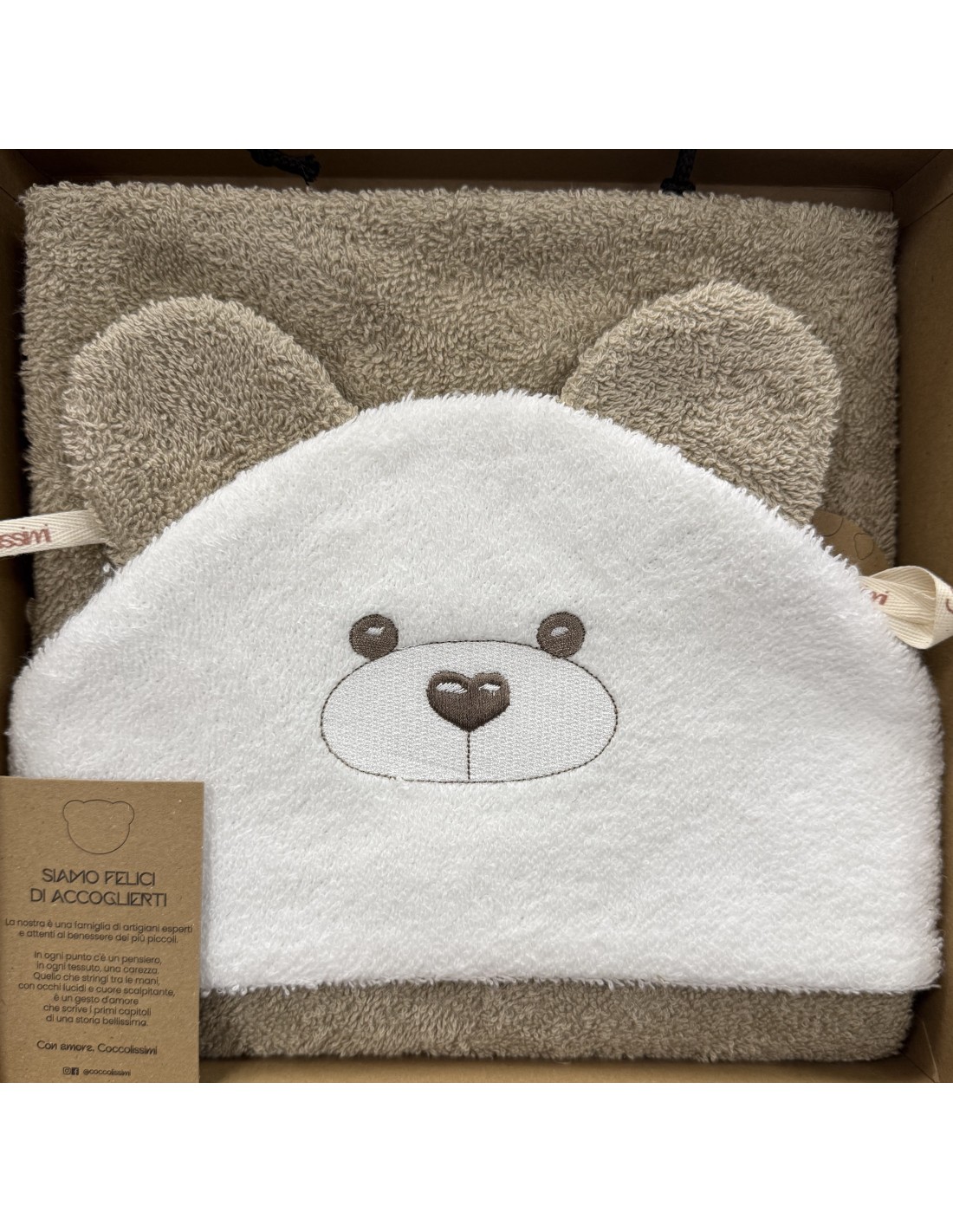 Accappatoio triangolo neonato Teddy Tortora Panna | 100% spugna Made in Italy | Shopincasa
