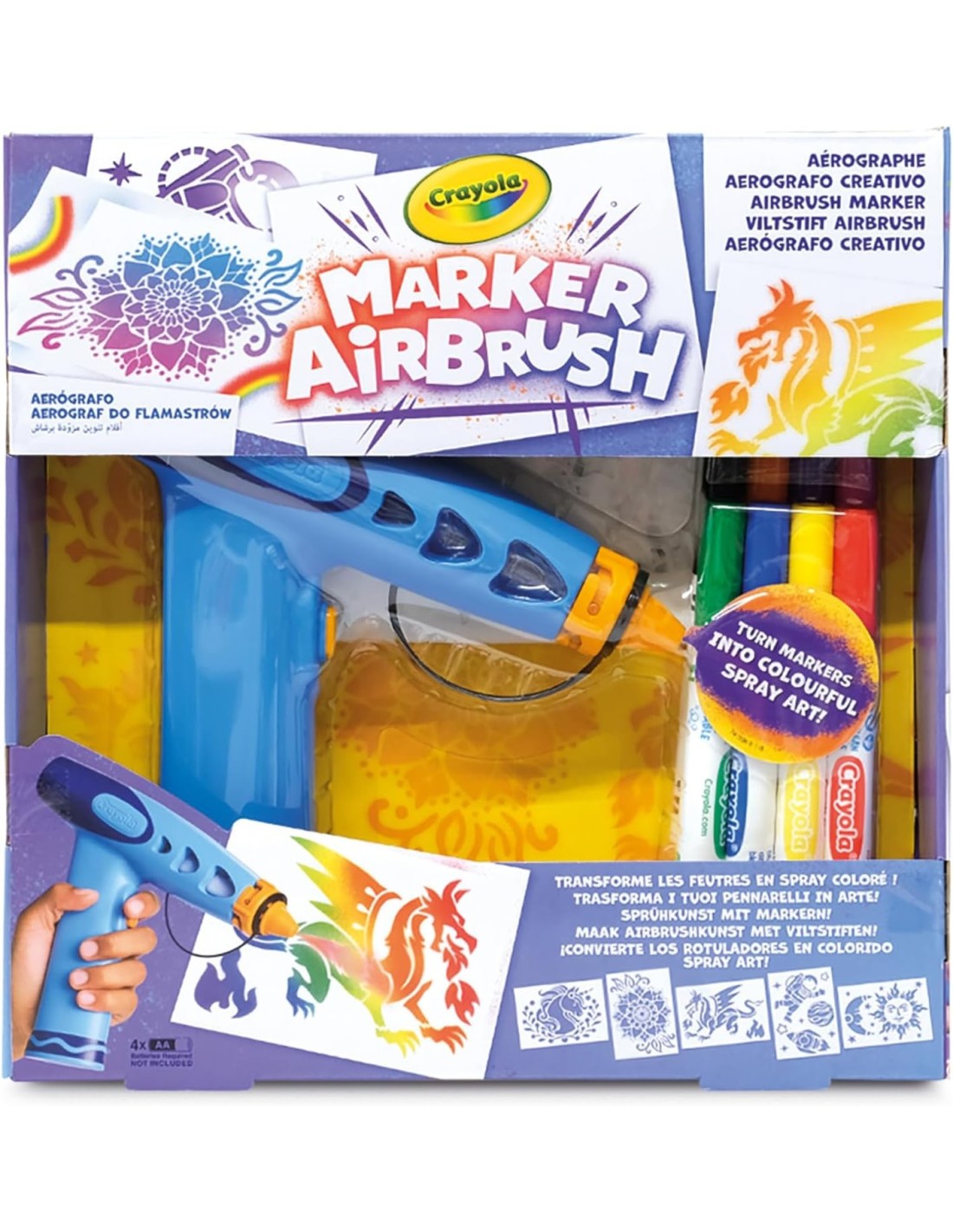 PRESCOLARI: vendita online CRAYOLA Marker Airbrush – Aerografo Creativo per Bambini con 8 Pennarelli Lavabili e 5 Stencil – G...