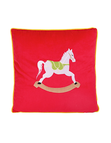 TESSILE: vendita online Decorazione cuscino di Natale 40x40cm con cavallo a dondolo in poliestere - La magia di Natale a casa...