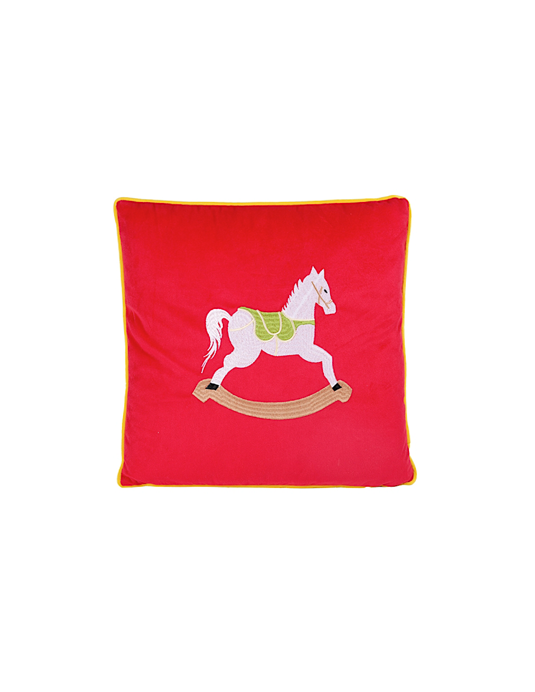 TESSILE: vendita online Decorazione cuscino di Natale 40x40cm con cavallo a dondolo in poliestere - La magia di Natale a casa...