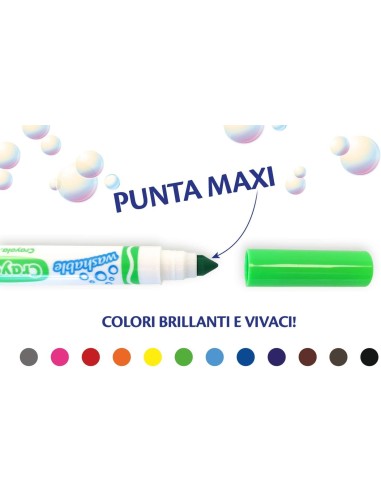 PRESCOLARI: vendita online 12 PENNARELLI LAVABILI, PUNTA MAXI, FIBRA SUPER-RESISTENTE, 12 COLORI ASSORTITI, SCUOLA, TEMPO LIB...
