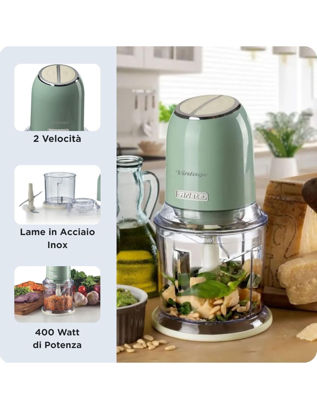 Tritatutto Ariete Vintage Verde – 400W, tazza 600ml, design retrò | Shop in Casa