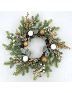 BOE E GHIRLANDE: vendita online Corona di Natale con aghi e bacche 45cm bianco e oro - La magia di Natale a casa tua in offerta