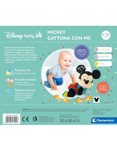 Clementoni Disney Baby Baby Mickey Gattona con Me peluche interattivo Topolino sviluppo motorio 6-36 mesi | shopincasa.it