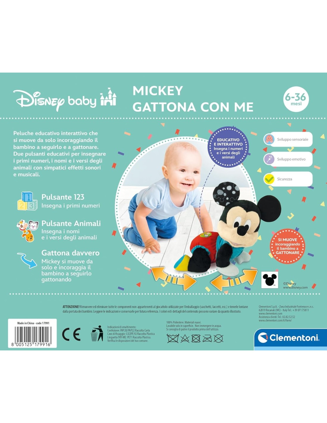 Clementoni Disney Baby Baby Mickey Gattona con Me peluche interattivo Topolino sviluppo motorio 6-36 mesi | shopincasa.it