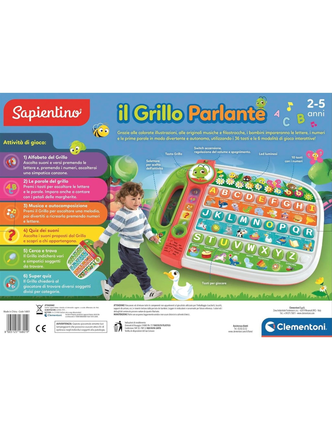 PRESCOLARI: vendita online CLEMENTONI, SAPIENTINO IL GRILLO PARLANTE, GIOCO EDUCATIVO, 36 TASTI INTERATTIVI, 6 MODALITÀ DI GI...