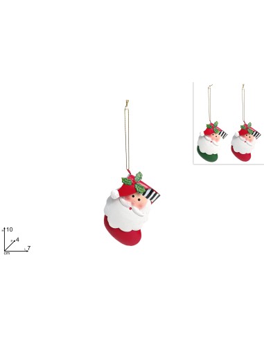 PENDENTE CALZA CON VISO BABBO NATALE IN LATTA DECORO SCACCHI ASSORTITO