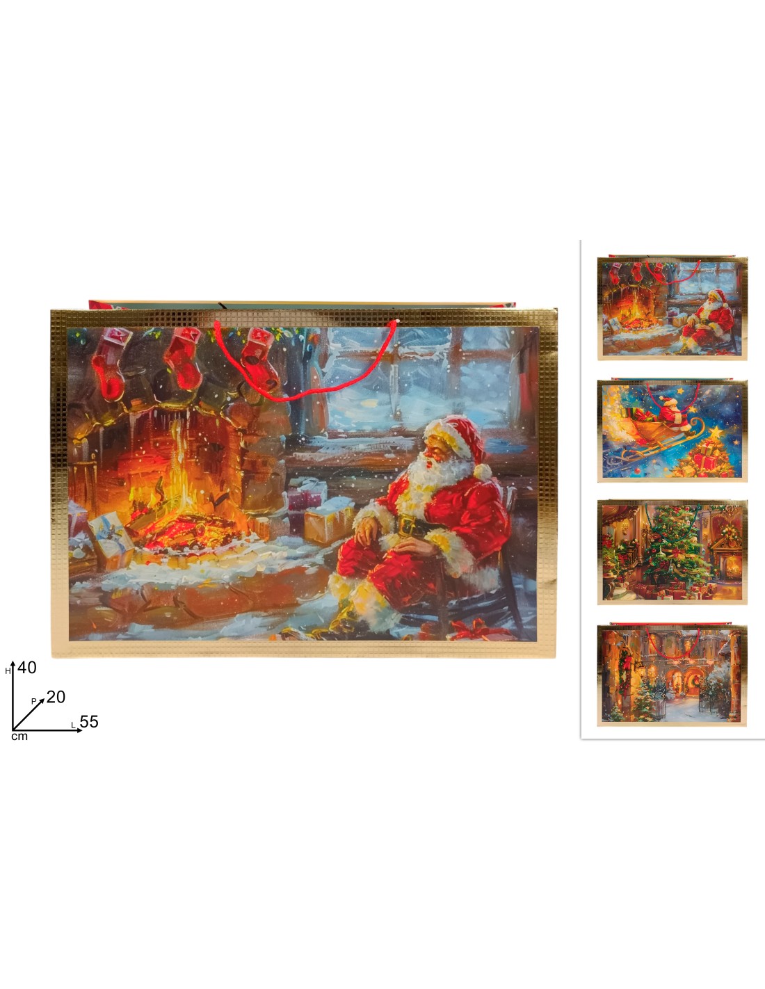 BUSTA REGALO ORIZZONTALE SCENARIO NATALIZIO 55X40X20CM BORDO ORO ASSOR