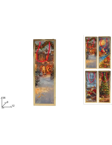 BUSTA REGALO SCENARIO NATALIZIO 36 X 12 X 9 CM CON BORDO ORO 4 ASS.