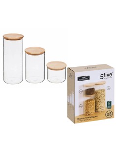 SET 3 BARATTOLI 203059 ERMETICI VETRO COPERCHIO LEGNO