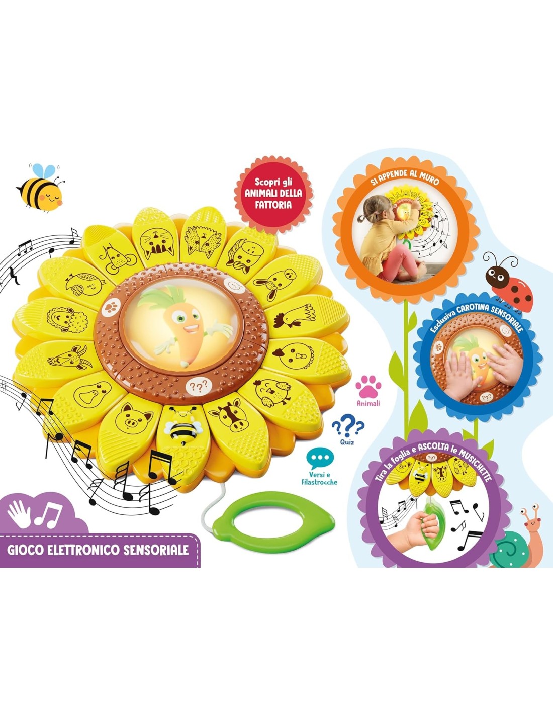 PRESCOLARI: vendita online CAROTINA GIRASOLE EDUCATIVO, GIOCO ELETTRONICO, SENSORIALE, ANIMALI DELLA FATTORIA, 3-6 ANNI in of...