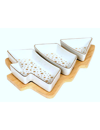 SET APERITIVO ALBERO 3 CIOTOLE CERAMICA CON VASSOIO BAMBOO