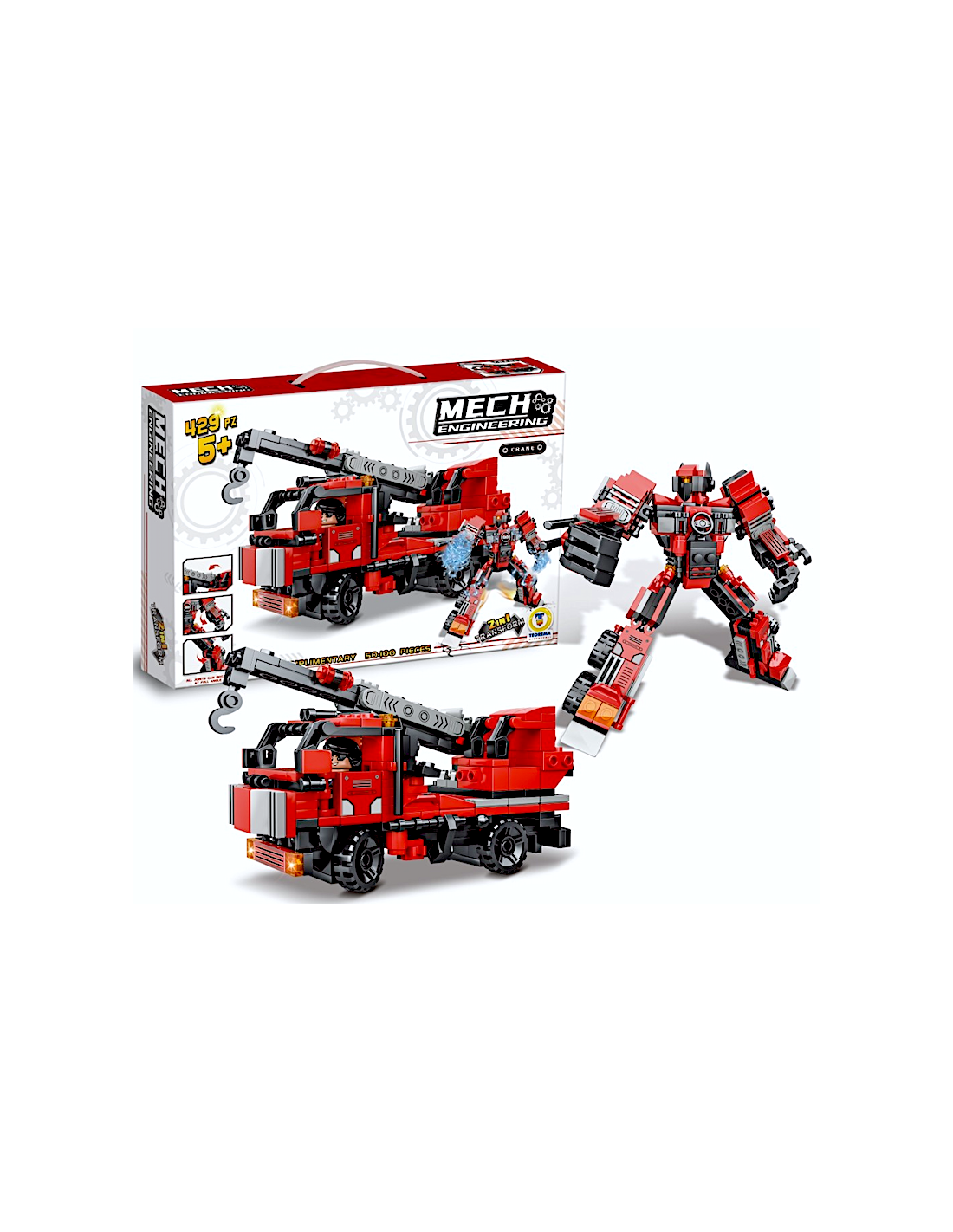 PRESCOLARI: vendita online COSTRUZIONI CLICK CLACK, POMPIERI TRANSFORMER, 429 PEZZI, GIOCO DI COSTRUZIONE, VEICOLO 2 IN 1, ED...