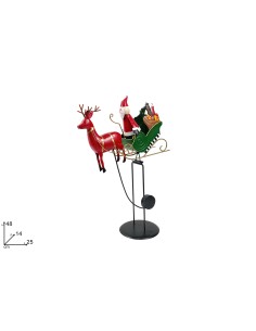 SLITTA BABBO NATALE CON RENNA A PENDOLO IN LATTA 48CM DECORO SCACCHI