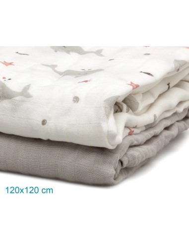 Set 2 mussole balene grigio 120x120 cm bambù e cotone | shopincasa.it
