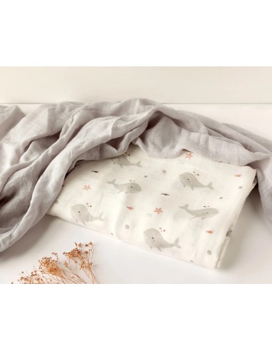 Set 2 mussole balene grigio 120x120 cm bambù e cotone | shopincasa.it