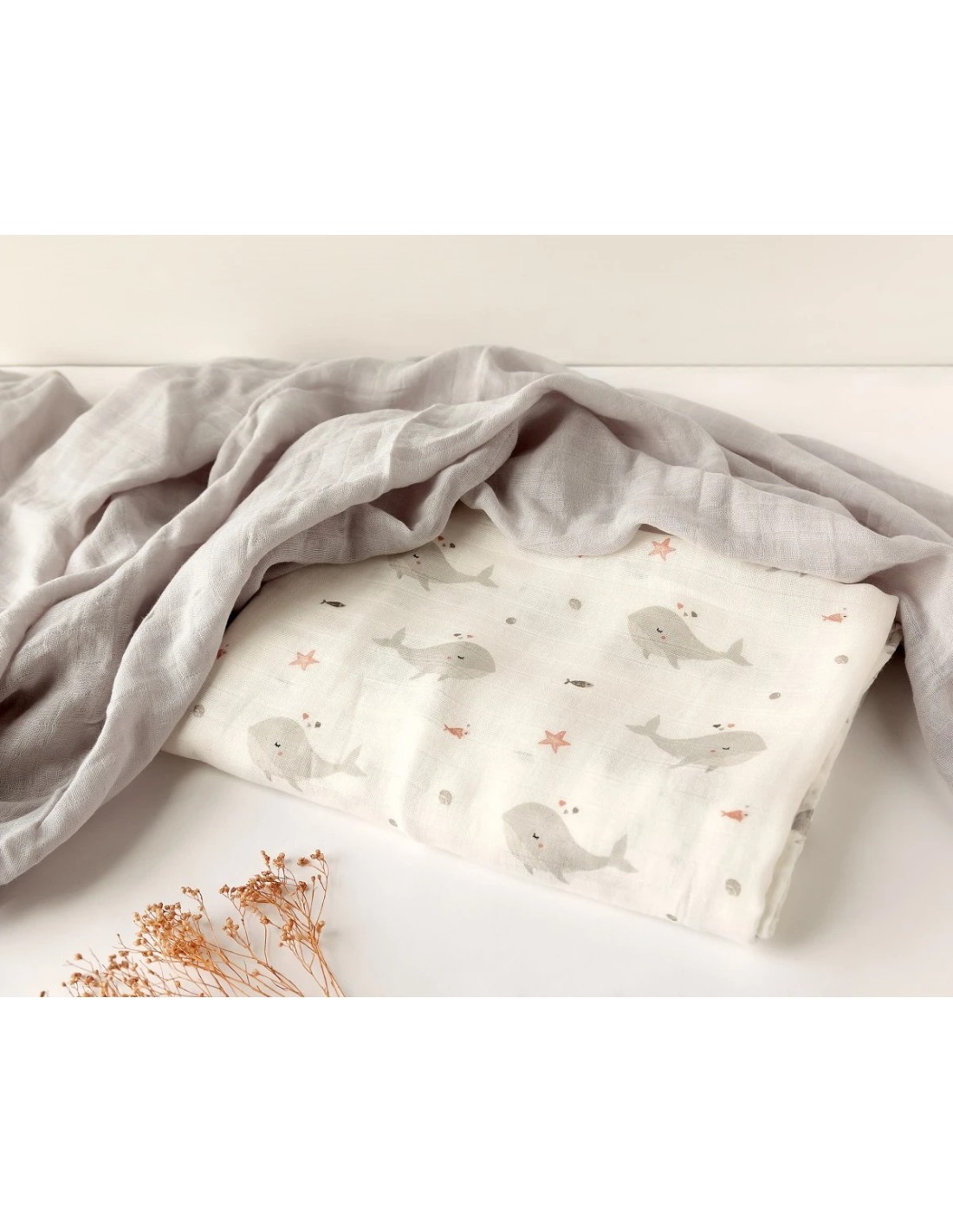 Set 2 mussole balene grigio 120x120 cm bambù e cotone | shopincasa.it