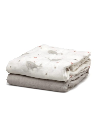 Set 2 mussole balene grigio 120x120 cm bambù e cotone | shopincasa.it