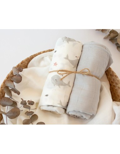 Set 2 mussole balene grigio 120x120 cm bambù e cotone | shopincasa.it