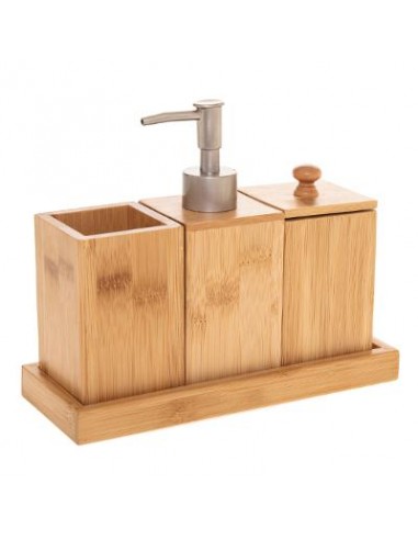 DISPENSER E PORTASAPONE: vendita online SET 3 ACCESSORI BAGNO IN BAMBOO CON VASSOIO in offerta